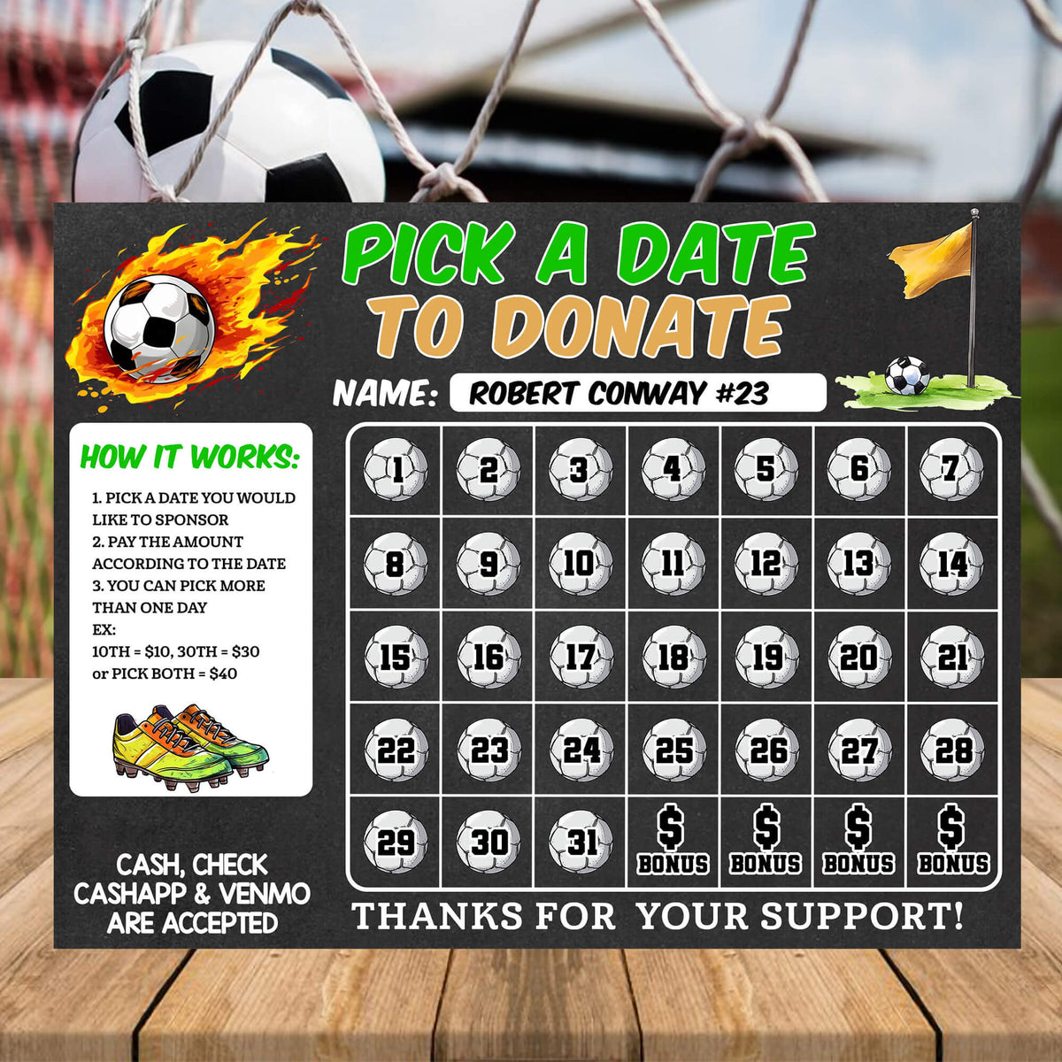 Soccer Pick a Date to Donate Fundraising Calendar | Football Pay The Date Template - Posh Park soccer-pick-a-date-to-donate-fundraising-calendar-football-pay-the-date-template-posh-park