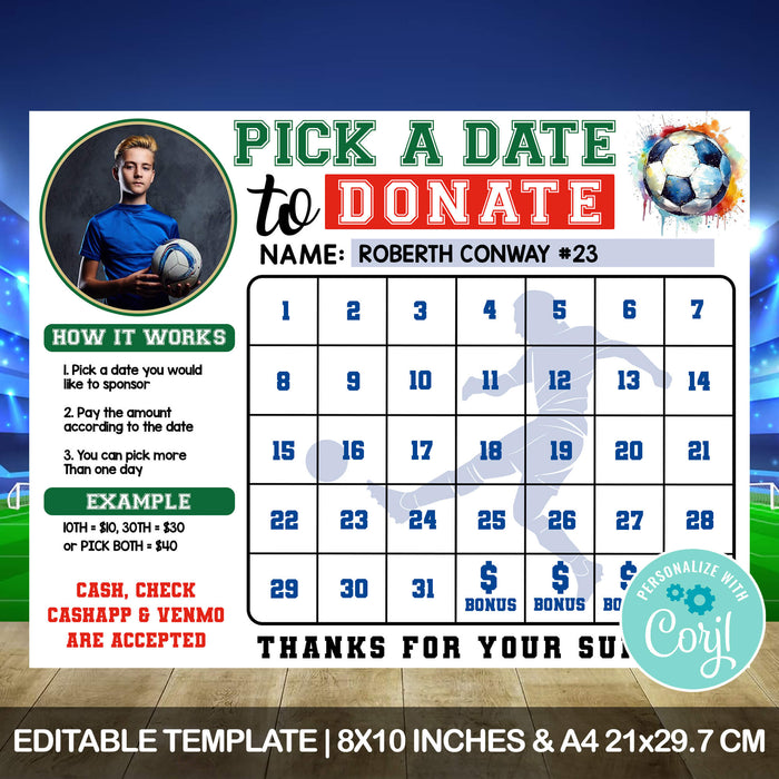 Soccer Pick A Date To Donate | Football Fundraising Donation Calendar Template
