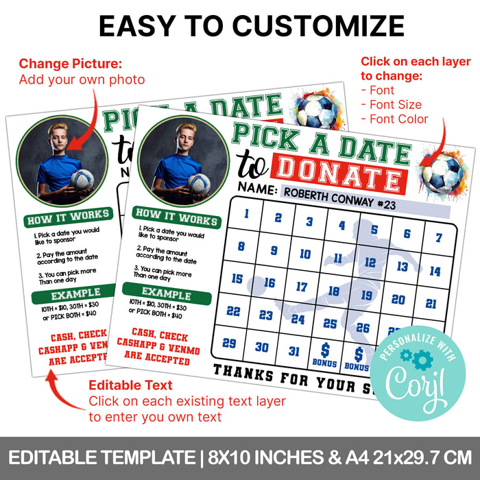 Soccer Pick A Date To Donate | Football Fundraising Donation Calendar Template