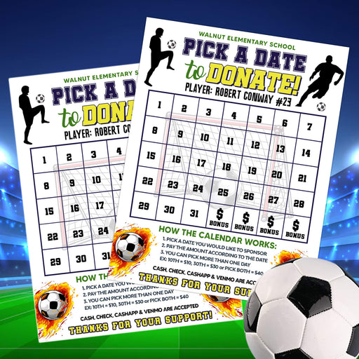 Soccer Pick A Date Fundraising | Football Sports Pick a Date to Donate Calendar Template