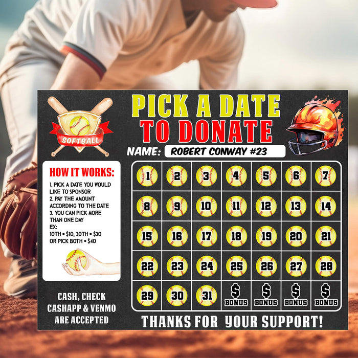 Softball Pick A Date To Donate | Fundraising Donation Calendar Template