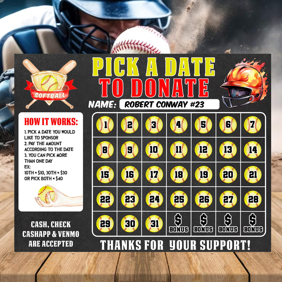 Softball Pick A Date To Donate Fundraising Donation Calendar Template