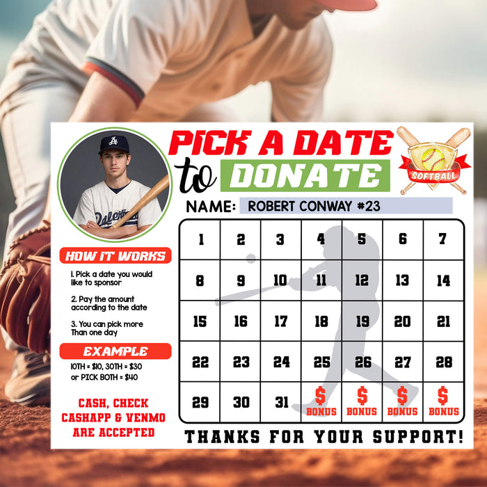 Softball Pick A Date Fundraising | Sports Pick a Date to Donate Calendar Template