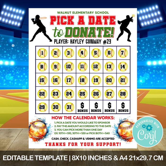 Softball Calendar Fundraiser | Pick a Date to Donate Sports Fundraiser Template