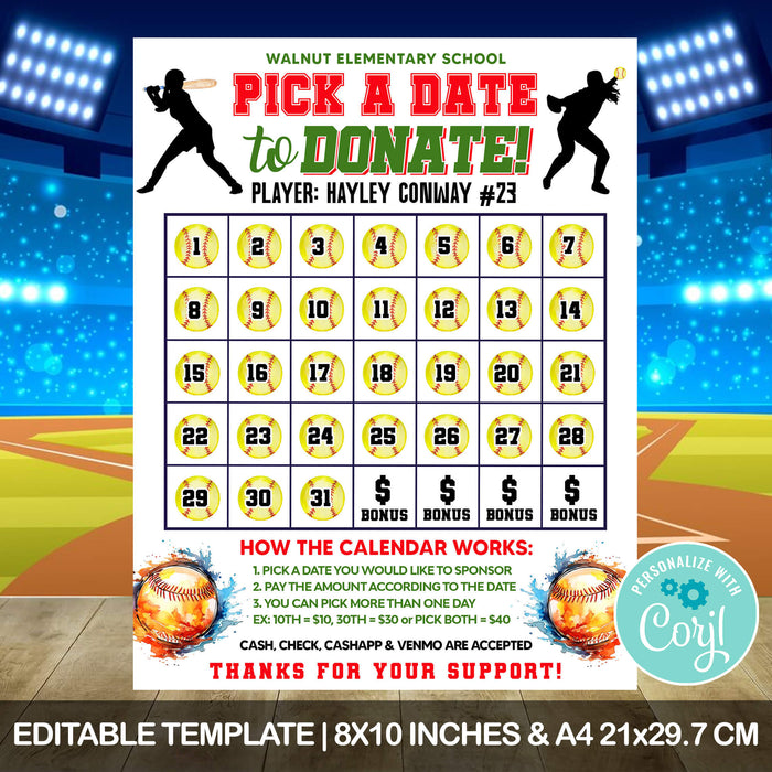Softball Calendar Fundraiser | Pick a Date to Donate Sports Fundraiser Template - Posh Park softball-calendar-fundraiser-pick-a-date-to-donate-sports-fundraiser-template-posh-park
