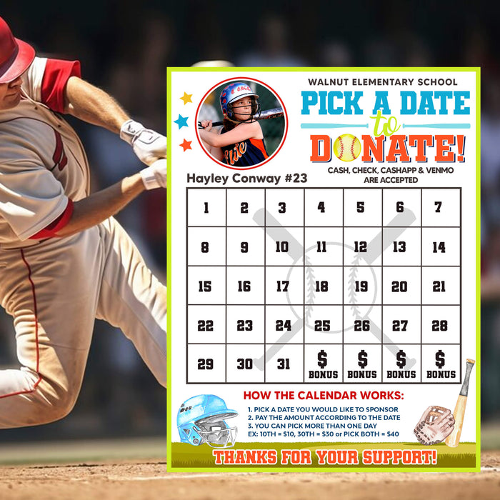 Team Sports Softball Player Donation Calendar | Pick a Date to Donate Softball Fundraiser Template