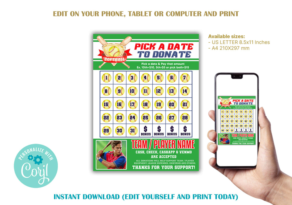 Softball Fundraising Donation Calendar Template | Sports Fundraiser Pick a Date to Donate