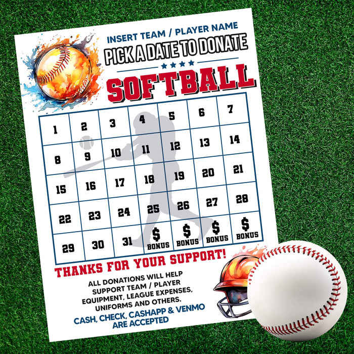 Softball Fundraiser Donation Calendar Template | Pick a Date to Donate Sports Fundraiser Calendar