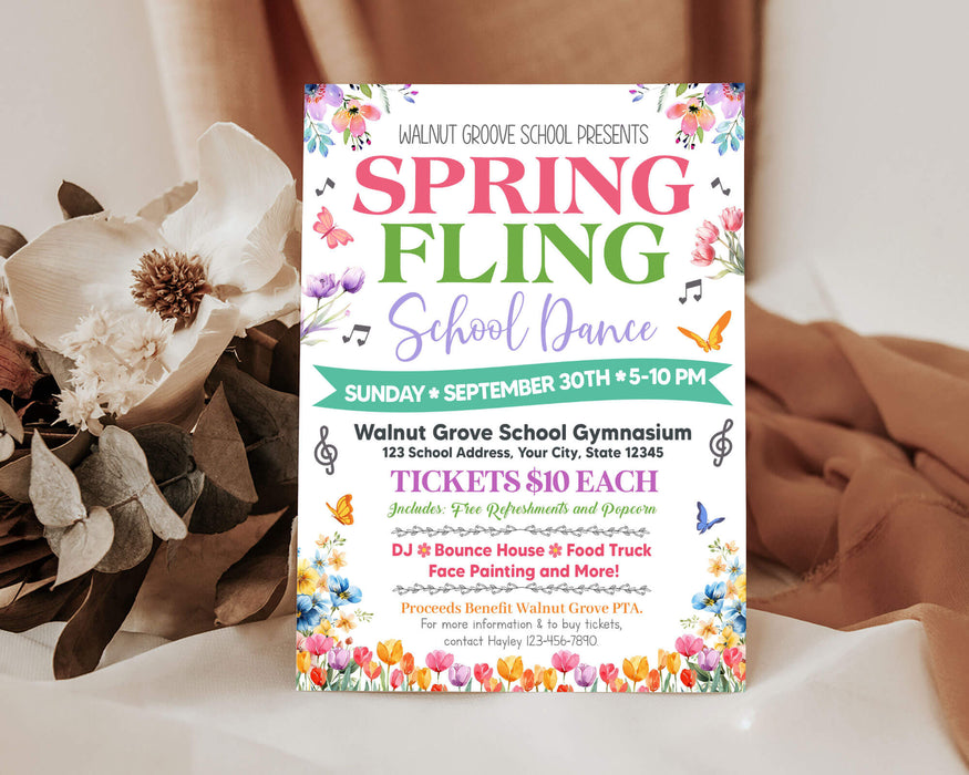 DIY Spring Fling School Dance Flyer and Ticket Bundle | School Party Event Template Set