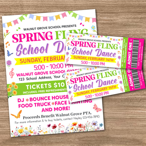 Customizable Spring Fling School Dance Flyer and Ticket Bundle | School Party Invitation Template Set