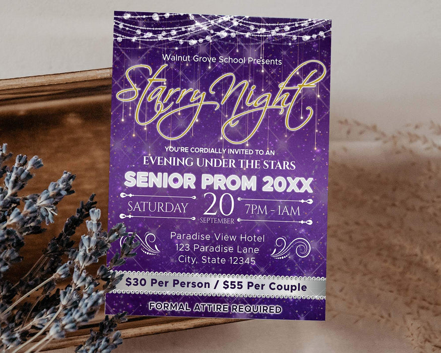 Customizable Starry Night Prom Flyer and Ticket Bundle Template | Under The Stars School Dance Event