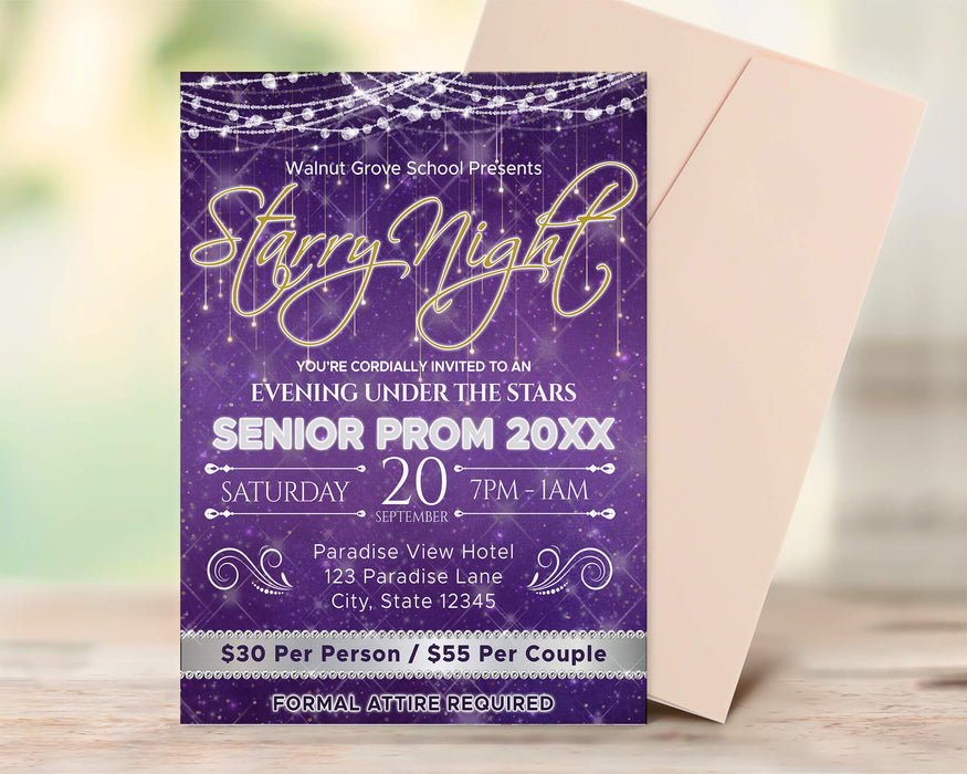 Customizable Starry Night Prom Flyer and Ticket Bundle Template | Under The Stars School Dance Event