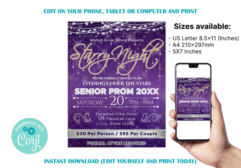 Customizable Starry Night Prom Flyer and Ticket Bundle Template | Under The Stars School Dance Event