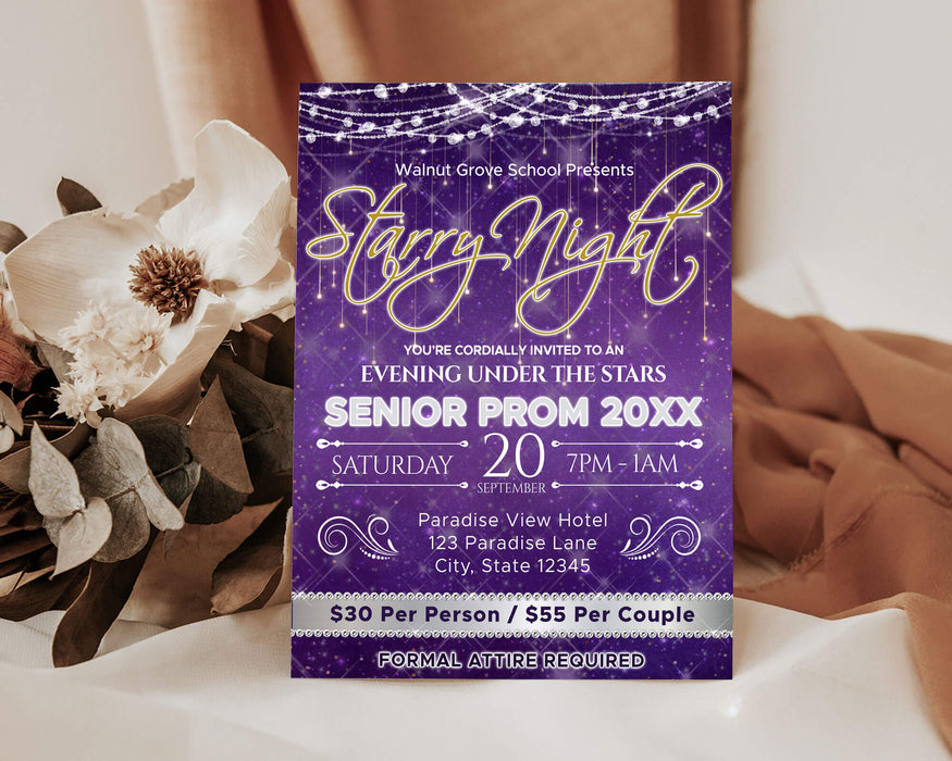 Customizable Starry Night Prom Flyer and Ticket Bundle Template | Under The Stars School Dance Event