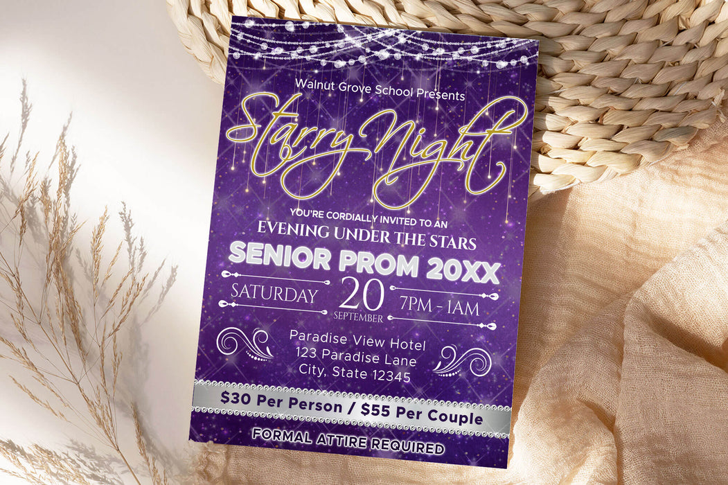 Customizable Starry Night Prom Flyer and Ticket Bundle Template | Under The Stars School Dance Event