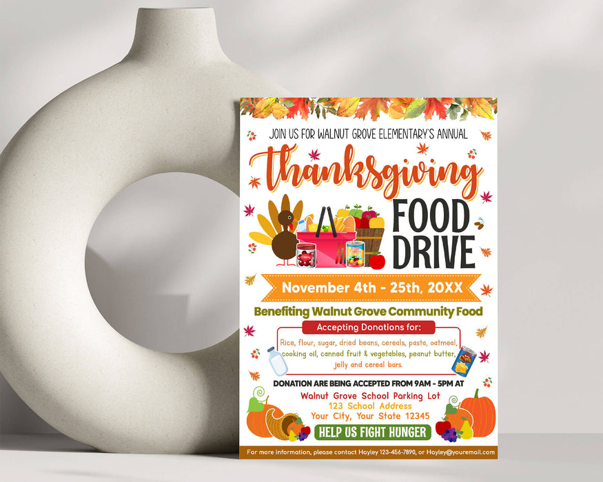 DIY Thanksgiving Food Drive Flyer | School and Community Food Drive Event Flyer Template