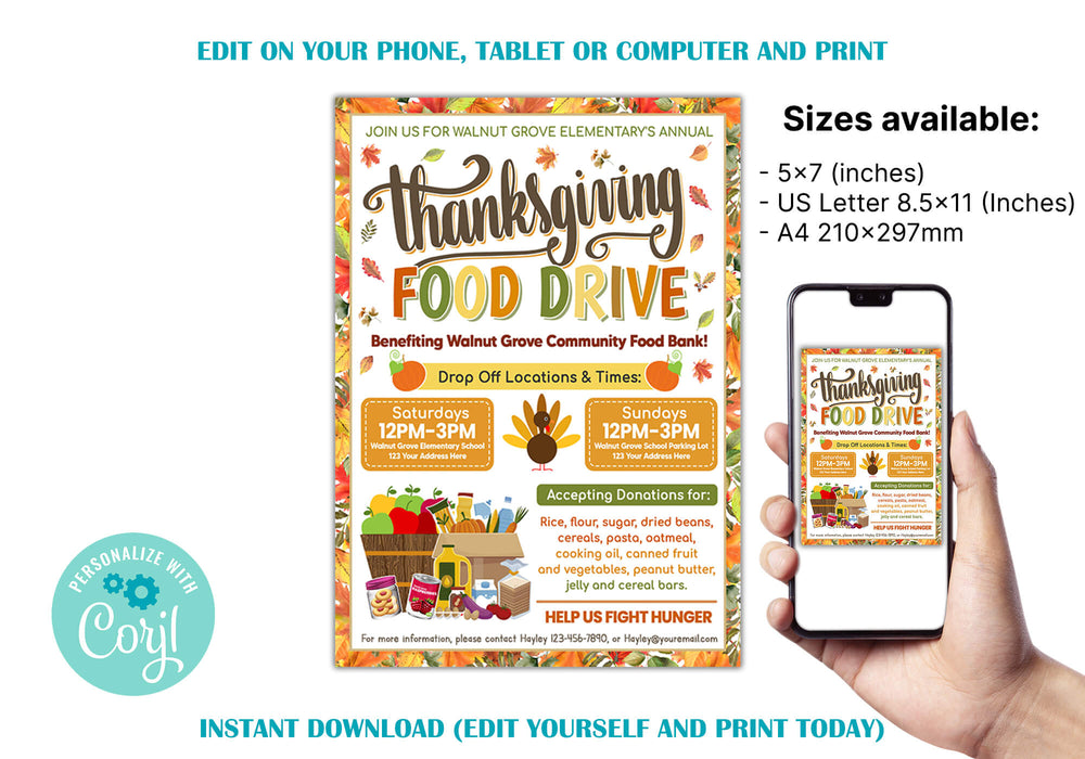 Customizable Thanksgiving Food Drive Flyer | Food Drive Event Flyer Template