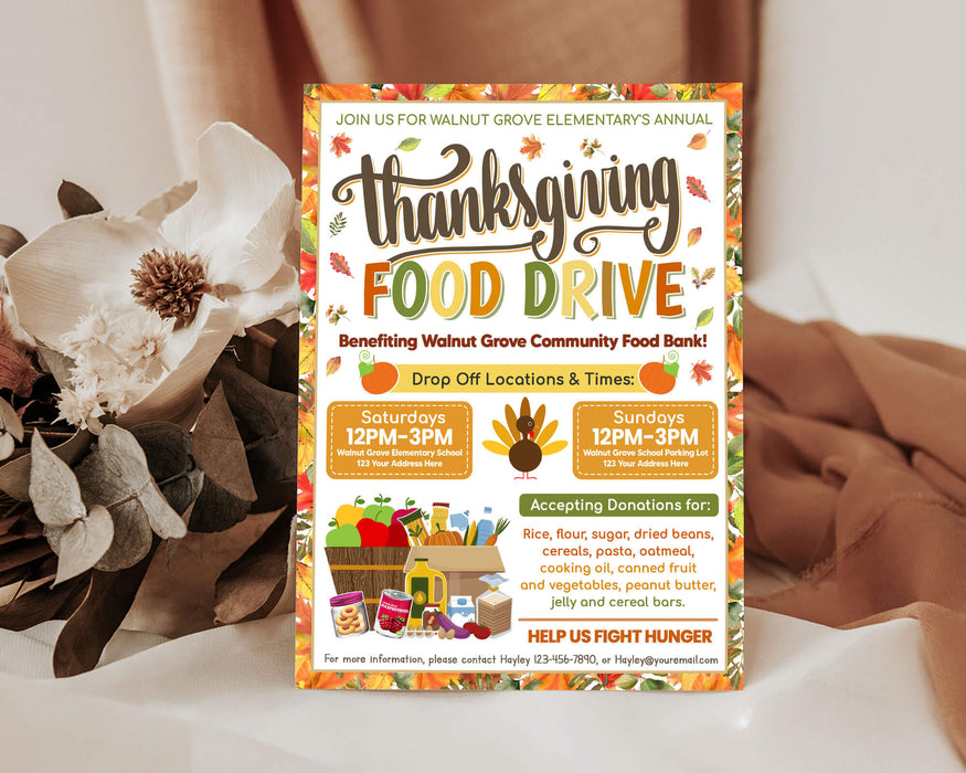 Customizable Thanksgiving Food Drive Flyer | Food Drive Event Flyer Template