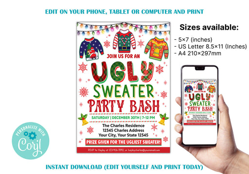 Ugly Sweater Party Flyer Template | Holiday Ugly Sweater Contest Party Event Invite