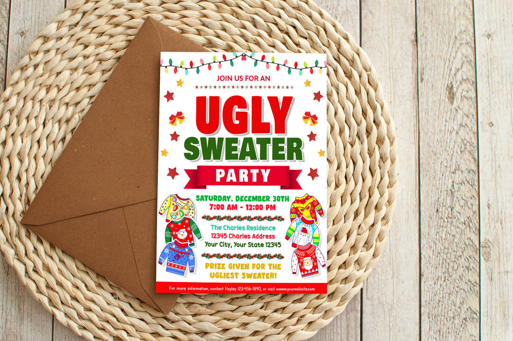 DIY Holiday Ugly Sweater Party Flyer Template | Winter Ugly Sweater Contest Party Event