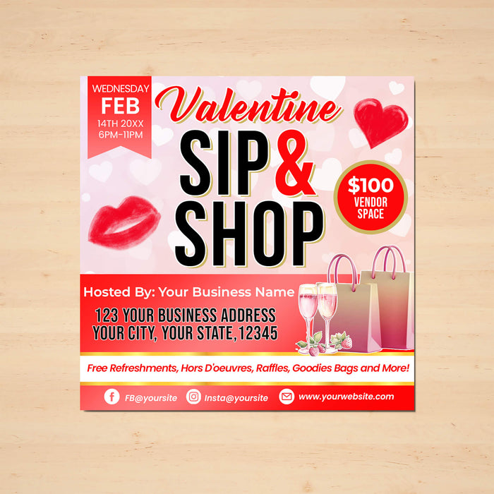 Valentine Sip and Shop Pop Up Flyer Template | Boutique Shopping Invitation