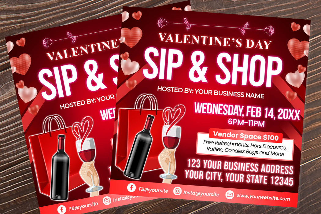 Valentine's Day Sip and Shop Flyer | Pop Up Event Invitation Template