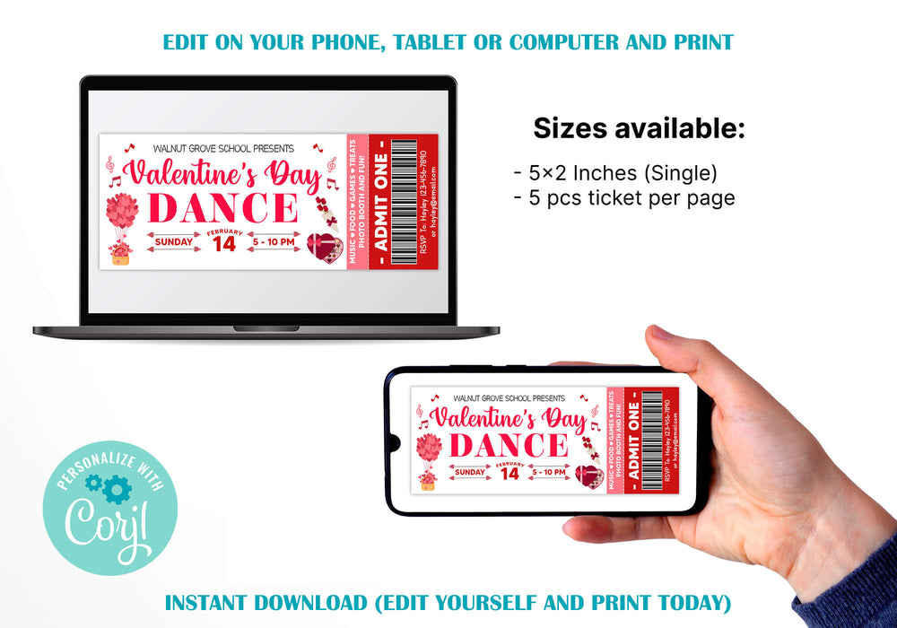 DIY Valentine's Day Dance Ticket Template | School Dance Event Party Ticket