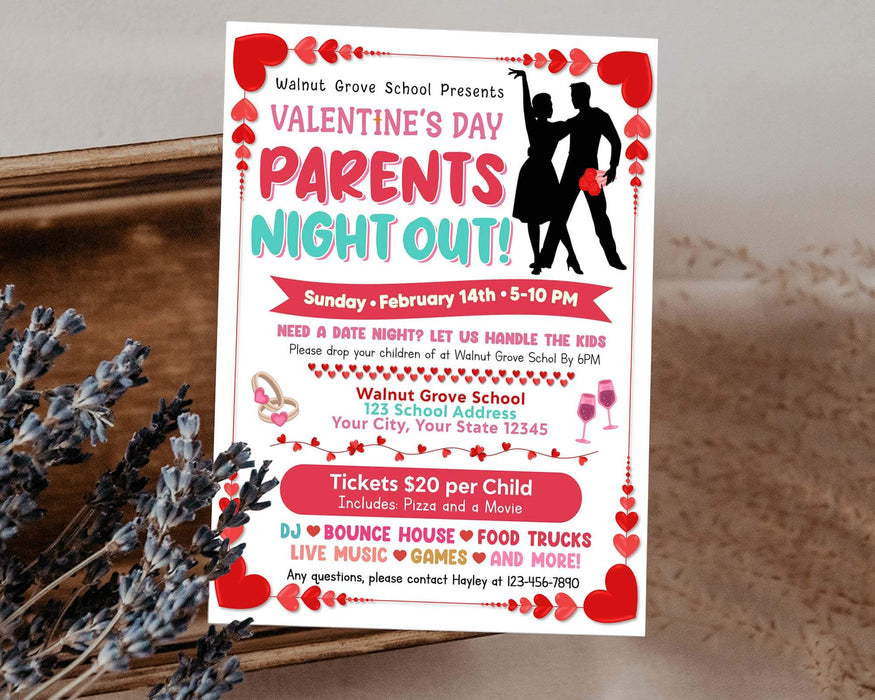 Valentine's Day Parent Night Out Flyer Template | PTA PTO School Family Fundraiser Event