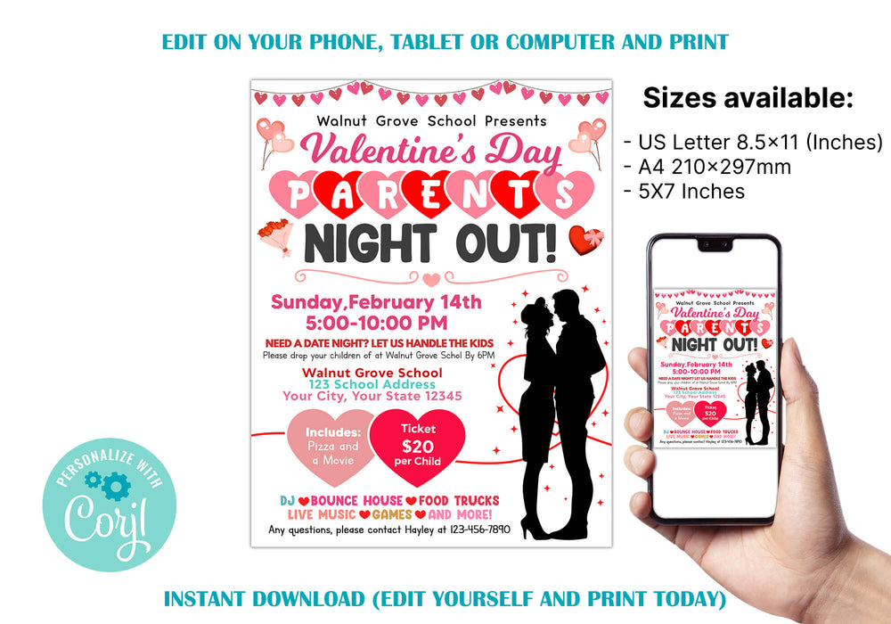 Customizable Parents Night Out Valentine's Dance Flyer Template | School Family Date Event Invitation