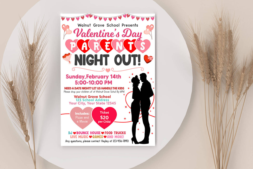 Customizable Parents Night Out Valentine's Dance Flyer Template | School Family Date Event Invitation