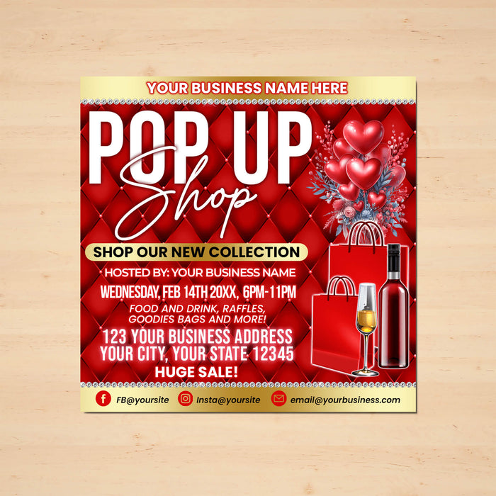 Customizable Valentine's Day Pop Up Shop Flyer | Boutique Sip and Shop Shopping Event Invite Template