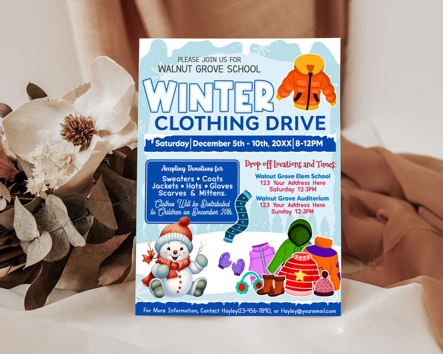 DIY Winter Clothing Drive Flyer  Holiday Winter School and Community  Fundraising Drive Template - Posh Park