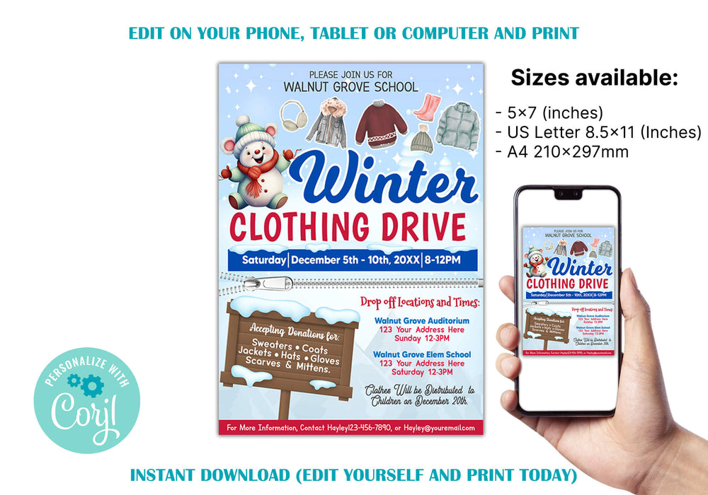 Customizable Winter Clothing Drive Flyer Template | School and Community Holiday Fundraiser Poster Invite - Posh Park customizable-winter-clothing-drive-flyer-template-school-and-community-holiday-fundraiser-poster-invite-posh-park