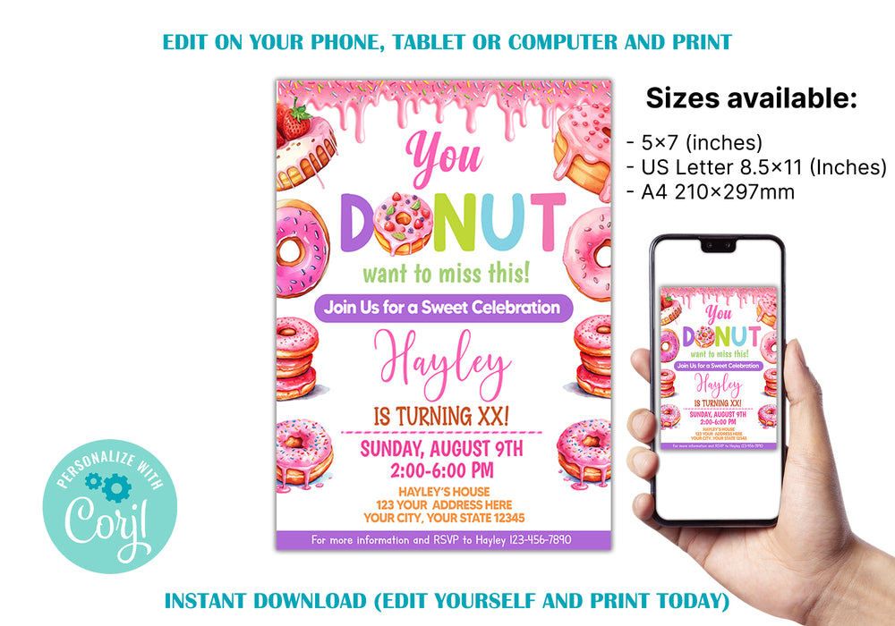 customizable-donut-girl-party-invitation-template-girl-donut-flyer-invite-posh-park for Free Printable Donut Party Invitation Template Free Customizable Donut Girl Party Invitation Template | Girl Donut Flyer Invite - Posh Park for Free Printable Donut Party Invitation Template Free