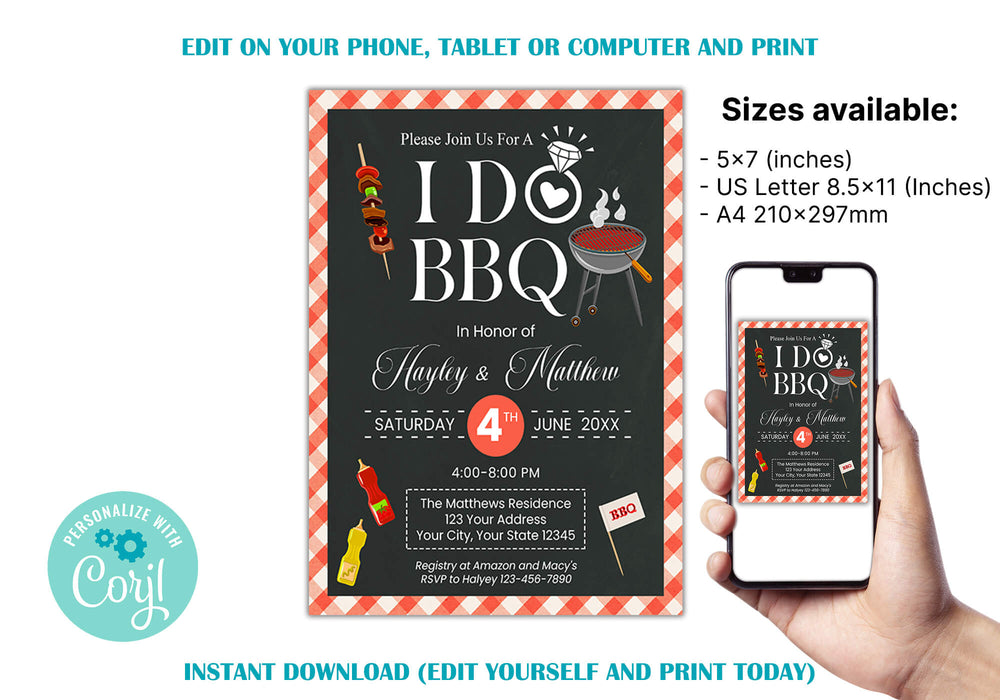 DIY I Do BBQ Invite | Engagement Barbecue Party Invitation Flyer Template