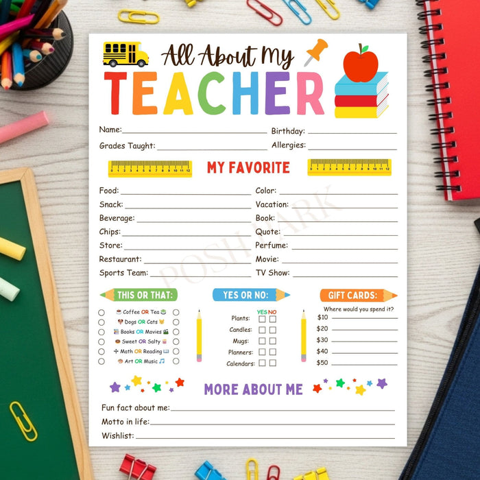 DIY All About My Teacher Favorite Things Questionnaire | Back To School Getting to Know My Teacher Template