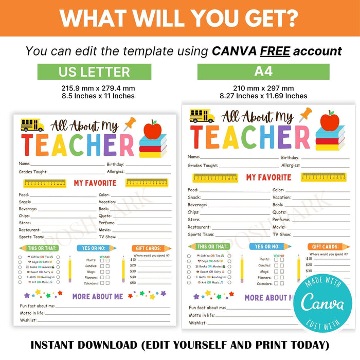 DIY All About My Teacher Favorite Things Questionnaire | Back To School Getting to Know My Teacher Template