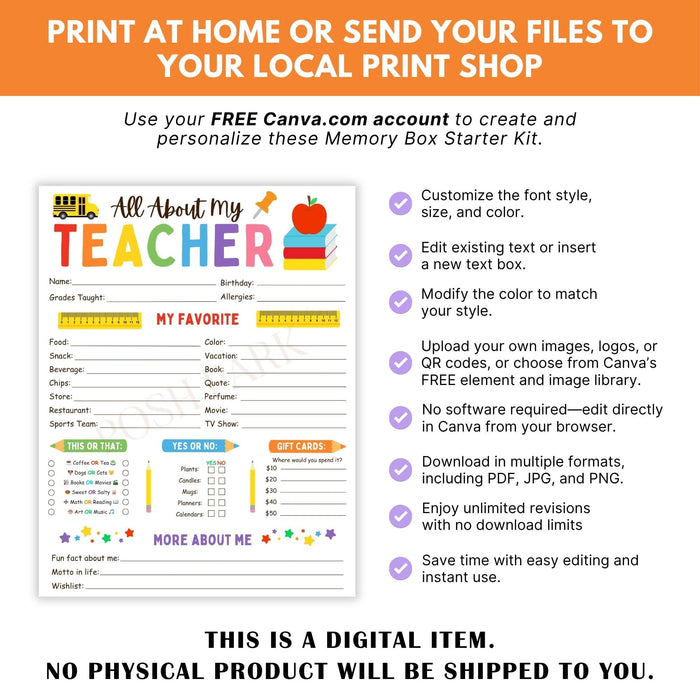 DIY All About My Teacher Favorite Things Questionnaire | Back To School Getting to Know My Teacher Template