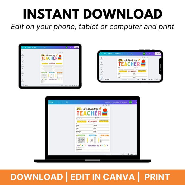 DIY All About My Teacher Favorite Things Questionnaire | Back To School Getting to Know My Teacher Template