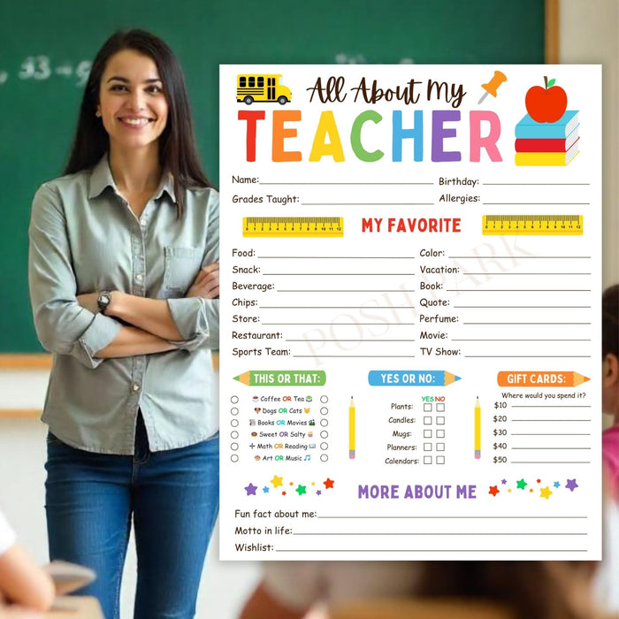 DIY All About My Teacher Favorite Things Questionnaire | Back To School Getting to Know My Teacher Template