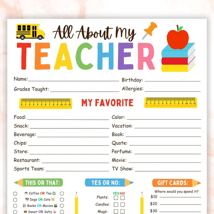 DIY All About My Teacher Favorite Things Questionnaire | Back To School Getting to Know My Teacher Template