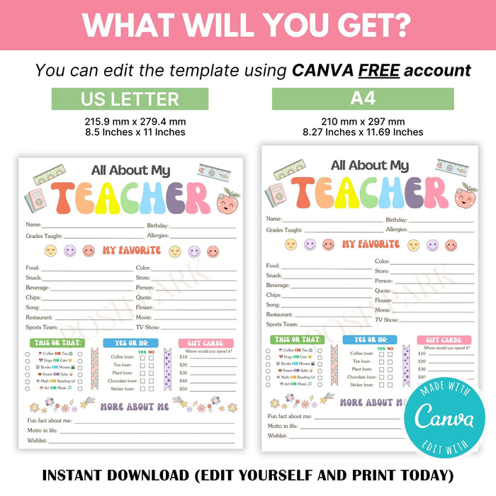 Customizable Getting to Know the Teacher Questionnaire All About My