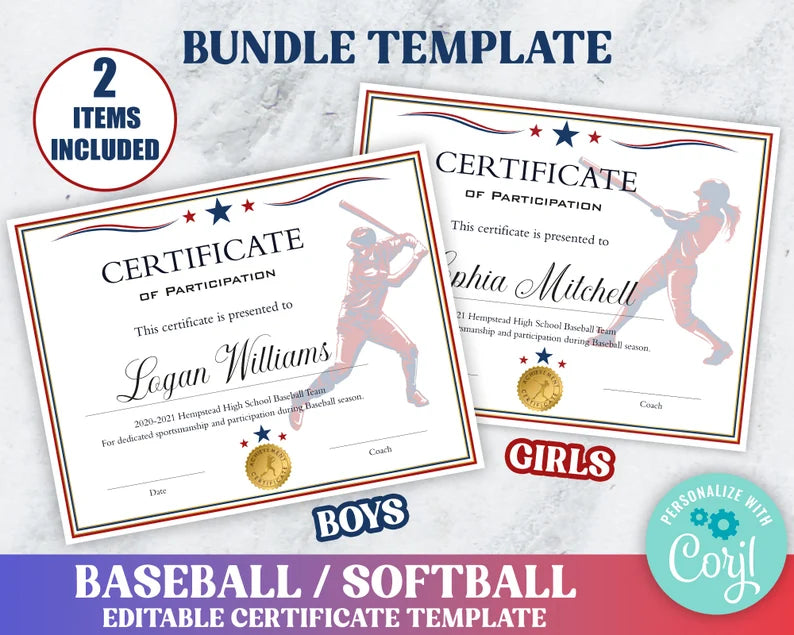 Customizable Baseball Certificate Template Bundle for Boys and Girls Red White Blue | Sport Award Baseball Certificate Template
