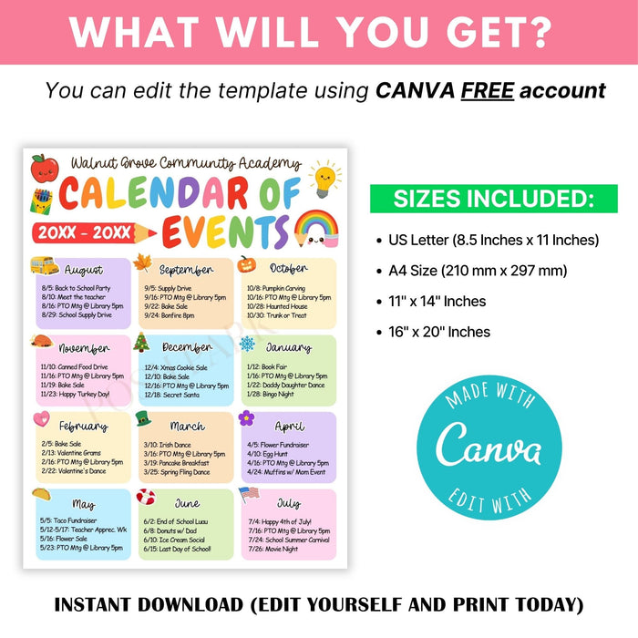 DIY School Calendar Of Events Template | Printable School Planner For Teacher