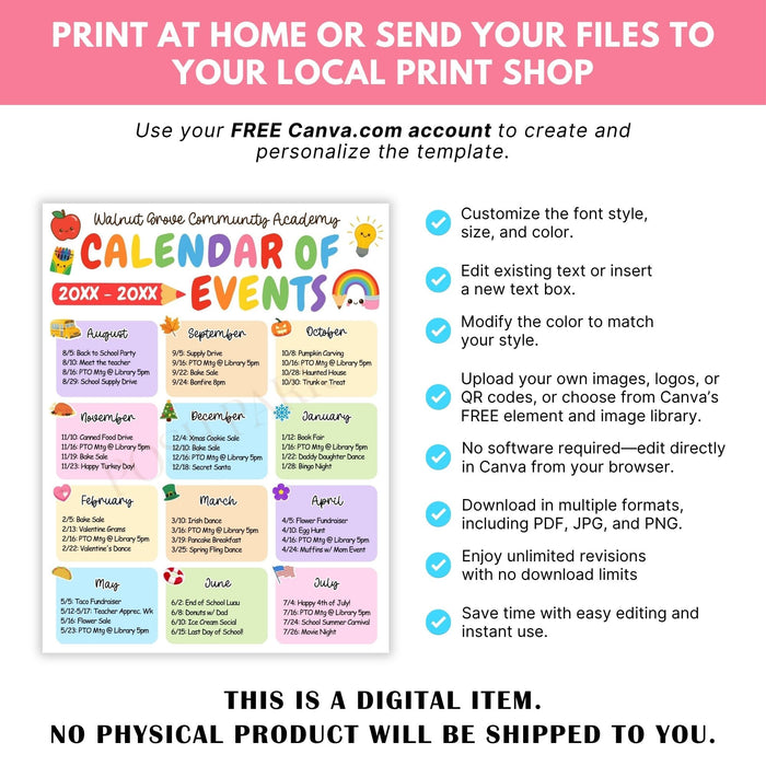 Promotional graphic for a customizable calendar of events template with Canva branding.