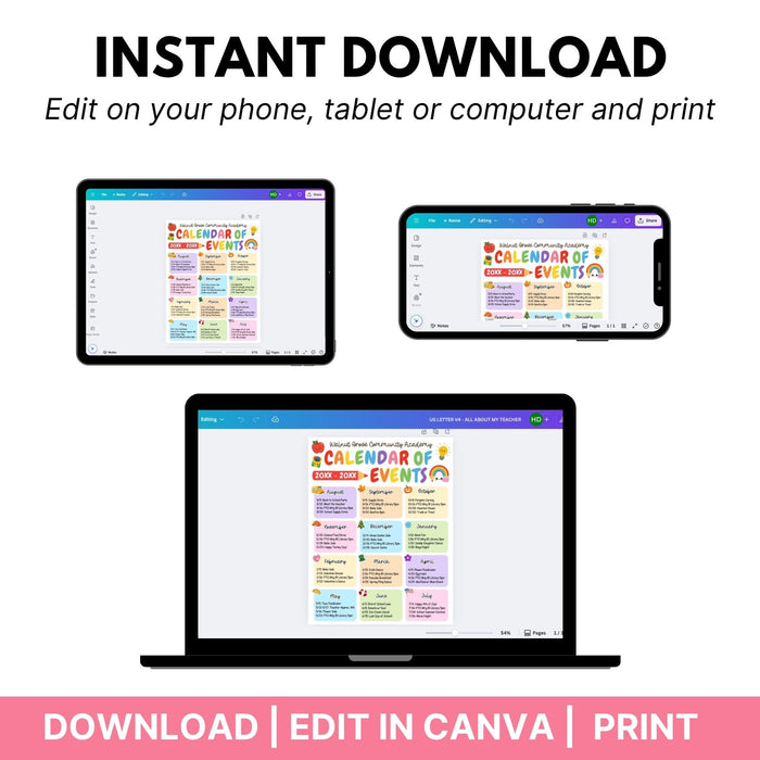 Promotional graphic for editing a calendar of events on a laptop, tablet, and phone with Canva.