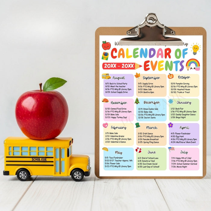 Calendar of events on a clipboard with a toy school bus and apple on a white background
