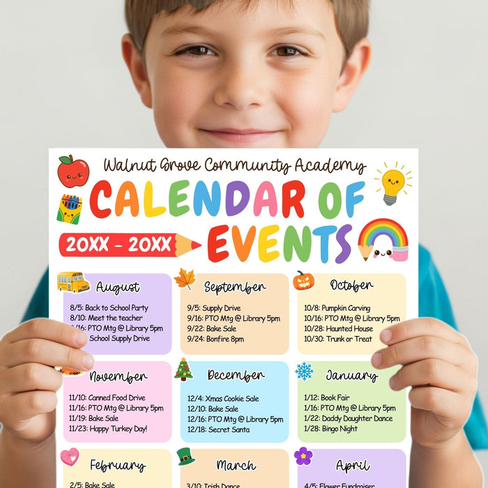 Child holding a colorful calendar of events for school.