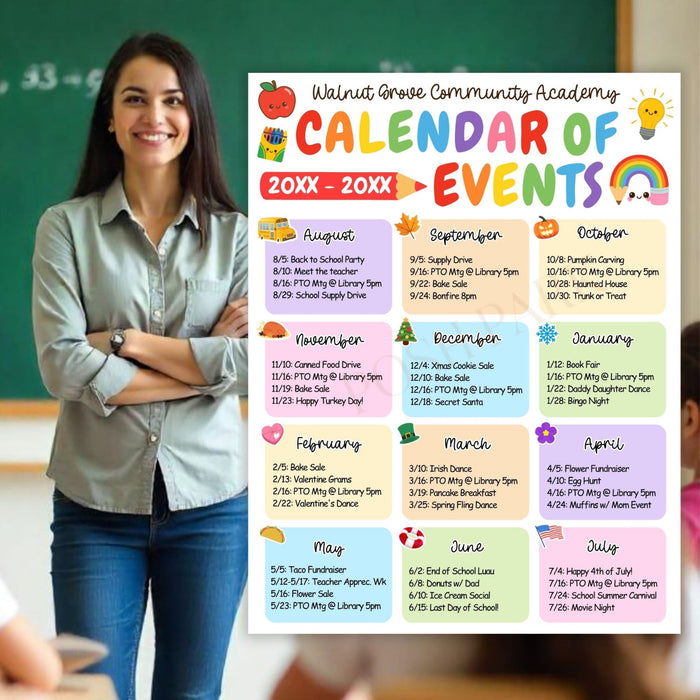 Woman standing next to a colorful school calendar of events for School or Teachers.
