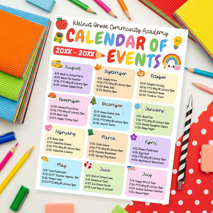 Colorful school event calendar on a desk with stationery items